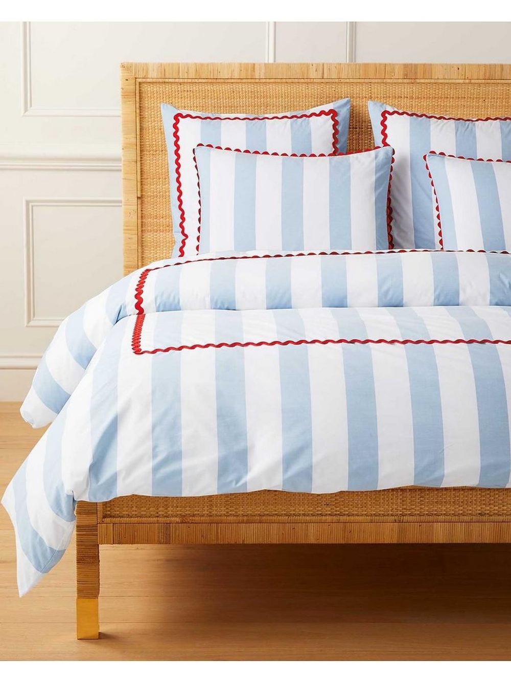 Serena & Lily Blue and White Striped Duvet Cover with Red Trim